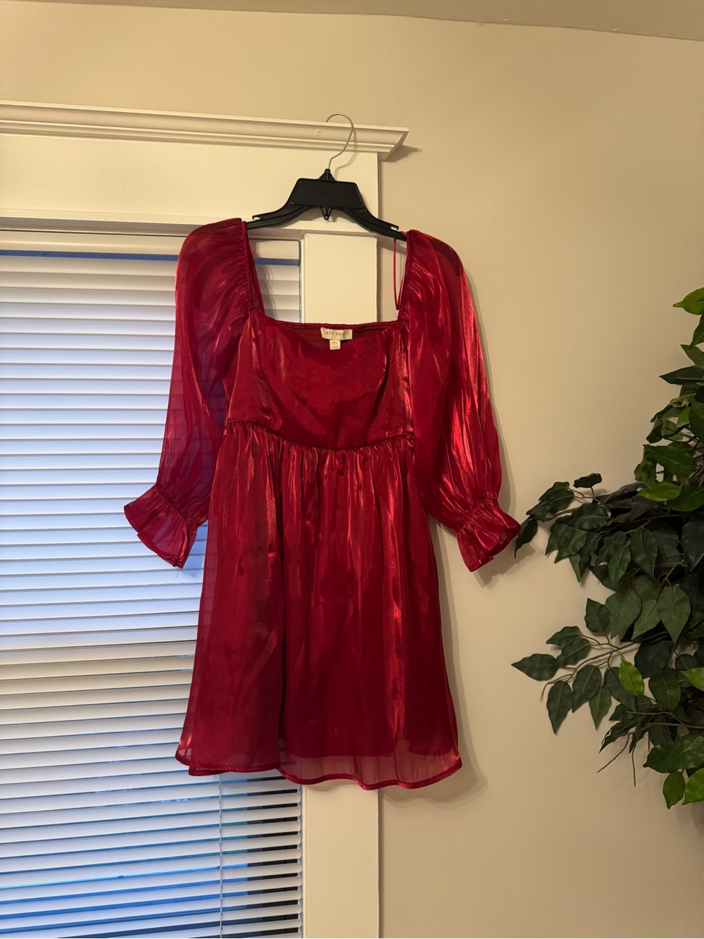 Sheer Red Square-Neck Babydoll Dress